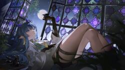 Rule 34 | 1girl, absurdres, arknights, black gloves, black shorts, blue eyes, blue hair, blurry, blurry foreground, breasts, closed mouth, collared shirt, crossed legs, depth of field, elbow gloves, feet out of frame, full moon, gloves, hair between eyes, hand up, highres, horns, indoors, knees up, ling (arknights), long hair, lying, medium breasts, moon, night, night sky, on back, open window, pointy ears, shirt, short shorts, shorts, sky, solo, star (sky), starry sky, very long hair, white shirt, window, yipei