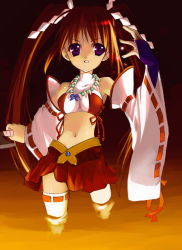 Rule 34 | 1girl, detached sleeves, japanese clothes, jewelry, long hair, magatama, midriff, miko, navel, necklace, nontraditional miko, ribbon-trimmed legwear, ribbon-trimmed sleeves, ribbon trim, shide, solo, thighhighs, twintails, very long hair, wading