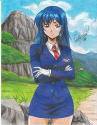 Rule 34 | 1girl, 2020, absurdres, blue eyes, blue hair, blue skirt, breasts, crossed arms, day, earrings, female focus, gloves, highres, jewelry, leona heidern, looking at viewer, medium breasts, military uniform, miniskirt, mountain, mountainous horizon, necktie, pencil skirt, ravernclouk design, skirt, snk, solo, the king of fighters, traditional media, uniform, white gloves