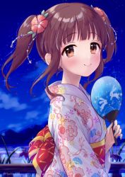 Rule 34 | 1girl, animal print, blunt bangs, brown eyes, brown hair, commentary request, floral print, hand fan, highres, idolmaster, idolmaster cinderella girls, japanese clothes, kimono, long hair, looking at viewer, looking to the side, mitsuyahachiko, night, obi, ogata chieri, paper fan, rabbit print, sash, solo, twintails, upper body