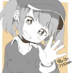 Rule 34 | 1girl, blunt bangs, breasts, cabbie hat, cactas7, duo chromatic, grin, hand up, happy, hat, head tilt, highres, kawashiro nitori, looking at viewer, medium breasts, short hair, simple background, smile, solo, teeth, touhou, two side up, upper body, waving, wing collar