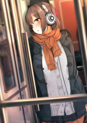 Rule 34 | 1girl, :o, absurdres, akg, akg k-series headphones, black skirt, blush, brown eyes, brown hair, brown scarf, cardigan, coat, commentary request, duffel coat, dutch angle, fringe trim, hair between eyes, has bad revision, has downscaled revision, headphones, highres, looking to the side, md5 mismatch, miniskirt, open clothes, open coat, original, parted lips, plaid, plaid skirt, pleated skirt, ponytail, reflection, rerrere, resolution mismatch, scarf, short hair, sidelocks, skirt, solo, source smaller, train interior