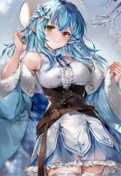 Rule 34 | 1girl, armpit peek, bare tree, belt, blue bow, blue bowtie, blue coat, blue hair, blue skirt, bow, bowtie, braid, breasts, cleavage, closed mouth, coat, corset, cowboy shot, day, earrings, flower, frilled skirt, frills, fur-trimmed coat, fur trim, hair between eyes, hair flower, hair ornament, hat, highres, hololive, jewelry, light blue hair, long hair, looking at viewer, medium breasts, open clothes, open coat, orange eyes, outdoors, pointy ears, shirt, simple background, skirt, sleeveless, sleeveless shirt, smile, snowing, solo, soraneko hino, thighhighs, thighs, tree, virtual youtuber, white hat, white shirt, white thighhighs, wing collar, yukihana lamy, zettai ryouiki