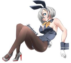 Rule 34 | adapted costume, animal ears, black leotard, black pantyhose, blue eyes, breasts, character name, detached collar, fake animal ears, full body, gloves, grey footwear, hair over one eye, hamakaze (kancolle), high heels, kantai collection, large breasts, leotard, lips, neckerchief, pantyhose, playboy bunny, rabbit ears, rabbit tail, short hair, silver hair, simple background, solo, strapless, strapless leotard, tail, udukikosuke, white background, white gloves, wrist cuffs, yellow neckerchief