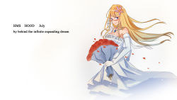 Rule 34 | 1girl, adjusting eyewear, bare shoulders, blonde hair, blue eyes, bouquet, breasts, character name, cleavage, dress, elbow gloves, english text, engrish text, flower, glasses, gloves, hair flower, hair ornament, highres, hood (warship girls r), jewelry, kanryourei, large breasts, light smile, long hair, looking at viewer, looking to the side, necklace, petals, ranguage, red-framed eyewear, red flower, red rose, rose, rose petals, semi-rimless eyewear, solo, strapless, strapless dress, under-rim eyewear, wallpaper, warship girls r, wedding dress, white background, white gloves