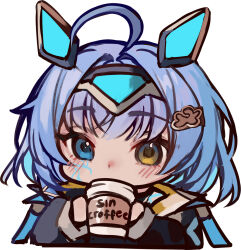 Rule 34 | ahoge, blush, chibi, coffee cup, cup, disposable cup, drinking, hair ornament, heterochromia, holding, indie virtual youtuber, jacket, naokomama, sayu sincronisity, simple background, virtual youtuber