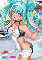 Rule 34 | 1girl, :d, ahoge, aqua eyes, aqua hair, arm up, backless outfit, bare shoulders, blush, body writing, breasts, car, character name, cleavage, clothes writing, clothing cutout, collarbone, company name, covered navel, cowboy shot, cup, double bun, drink, drinking glass, frills, hair bun, hairband, hatsune miku, highres, holding, holding tray, inue ao, long hair, looking at viewer, medium breasts, motor vehicle, open mouth, pouch, race queen, race vehicle, racecar, racing miku, racing miku (2021), racing miku (2022), revealing clothes, sleeveless, smile, solo, tray, twintails, underboob cutout, vocaloid, white hairband
