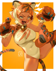 Rule 34 | 1girl, animal ears, animal hands, animal print, artistic error, bell, black hair, border, breasts, claw pose, cleavage, commentary, covered navel, dated, english commentary, gloves, highres, leotard, multicolored hair, neck bell, orange hair, original, paw gloves, paw shoes, poch4n, smile, solo, streaked hair, thighhighs, tiger ears, tiger print, v-shaped eyebrows, white border, white hair, white leotard, yellow eyes