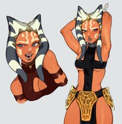 Rule 34 | 1girl, absurdres, ahsoka tano, alien, armpit crease, armpits, arms up, blue eyes, blush, breasts, brown lips, cleavage cutout, clothing cutout, colored skin, cowboy shot, facial mark, highres, loincloth, medium breasts, multiple views, open mouth, orange skin, pelvic curtain, porqueloin, restrained, sideways glance, simple background, skindentation, star wars, star wars: the clone wars, sweat, thighs, underboob, upper body, white background