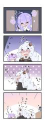Rule 34 | &gt; &lt;, 0 0, 3girls, 4koma, ahoge, animal, antenna hair, black jacket, braid, breasts, brown dress, chibi, closed eyes, collared shirt, comic, commentary request, doughnut, dress, dress shirt, flying sweatdrops, food, fuyou-chan, hair between eyes, hair ornament, highres, hitodama, holding, holding food, holding knife, jacket, kizuna akari, knife, large breasts, long hair, long sleeves, low twintails, milkpanda, mouse (animal), multiple girls, open clothes, open jacket, open mouth, original, profile, puffy long sleeves, puffy sleeves, purple hair, scared, shirt, silver hair, sleeping, sleeves past wrists, speed lines, surprised, teardrop, translation request, trembling, twin braids, twintails, very long hair, vocaloid, voiceroid, waking up, wavy mouth, white shirt, yuzuki yukari, zzz