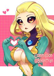 Rule 34 | 1girl, biyon tran, black sclera, blonde hair, blush, breasts, brown eyes, colored sclera, colored skin, commission, gem, green skin, hands up, heart, large breasts, league of legends, long hair, looking at viewer, mermaid, monster girl, nami (league of legends), navel, open mouth, pink background, shiny skin, smile, solo, upper body, vastaya, watermark, white background