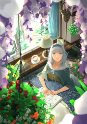 Rule 34 | 1girl, bad id, bad tumblr id, blue capelet, blue eyes, blue ribbon, blurry, blurry background, book, capelet, closed mouth, cup, curtains, depth of field, flower, from above, grey hair, hairband, highres, indoors, lamp, looking at viewer, open book, open window, orange flower, original, purple flower, red flower, ribbon, saucer, sitting, smile, solo, somehira katsu, teacup, tray, window