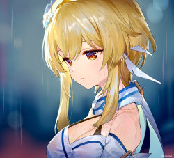 Rule 34 | 1girl, ainy, artist name, bare shoulders, blonde hair, blue background, blue neckwear, blue scarf, blurry, blurry background, breasts, closed mouth, detached sleeves, dress, flower, genshin impact, hair between eyes, hair flower, hair ornament, highres, long sleeves, looking down, lumine (genshin impact), medium breasts, off shoulder, orange eyes, rain, scarf, short hair, solo, teeth, white dress, white flower, white neckwear, white scarf, white sleeves
