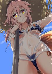 Rule 34 | 1girl, animal ears, bikini, blue bikini, blush, breasts, cleavage, fate/grand order, fate (series), fox ears, fox tail, hat, large breasts, long hair, looking at viewer, looking down, meimuu, navel, pink hair, see-through, shirt, solo, swimsuit, tail, tamamo (fate), tamamo no mae (fate/extra), tamamo no mae (swimsuit lancer) (fate), tamamo no mae (swimsuit lancer) (second ascension) (fate), wet, wet clothes, wet shirt, yellow eyes