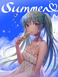 Rule 34 | 1girl, bare arms, bare shoulders, blue sky, breasts, cloud, cloudy sky, collarbone, commentary, day, dress, english commentary, english text, fingernails, food, green eyes, green hair, hair between eyes, hand up, has bad revision, has downscaled revision, hatsune miku, highres, holding, holding food, long hair, looking at viewer, looking to the side, md5 mismatch, outdoors, ozzingo, parted lips, popsicle, resolution mismatch, sky, small breasts, solo, source smaller, strapless, strapless dress, teeth, twintails, upper teeth only, very long hair, vocaloid, water drop, wet, white dress