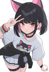 Rule 34 | 1girl, absurdres, animal ears, belt, black belt, black choker, black hair, black jacket, black mask, blue archive, cat ears, choker, closed mouth, clothes around waist, colored inner hair, cowboy shot, extra ears, highres, jacket, jacket around waist, kazusa (band) (blue archive), kazusa (blue archive), looking at viewer, mask, mask pull, mouth mask, multicolored hair, official alternate costume, pink hair, pleated skirt, pogeepoge, red eyes, shirt, short hair, short sleeves, simple background, skirt, solo, thigh belt, thigh strap, white background, white shirt, white skirt