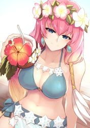Rule 34 | 1girl, bikini, bikini top only, blonde hair, blue bikini, blue eyes, blush, breasts, cleavage, closed mouth, coconut, collarbone, commentary request, day, drink, earrings, fire emblem, fire emblem heroes, flower, fruit cup, gradient hair, gunnthra (fire emblem), hair between eyes, hair flower, hair ornament, highres, holding, holding drink, jewelry, large breasts, long hair, looking at viewer, multicolored hair, nakabayashi zun, navel, nintendo, pink hair, sitting, smile, solo, swimsuit
