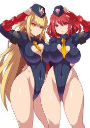 Rule 34 | 2girls, alternate costume, blonde hair, breasts, cammy white, cammy white (cosplay), cleavage, cleavage cutout, clothing cutout, cosplay, curvy, earrings, empty eyes, eyes visible through hair, fingerless gloves, frown, gloves, gluteal fold, heart cutout, highres, jewelry, konno tohiro, large breasts, leotard, long hair, looking at viewer, multiple girls, mythra (xenoblade), necktie, nintendo, pyra (xenoblade), red eyes, red hair, salute, shadaloo dolls, shiny clothes, shiny skin, short hair, smile, street fighter, swept bangs, tareme, thick thighs, thighs, tsurime, very long hair, wide hips, xenoblade chronicles (series), xenoblade chronicles 2, yellow eyes