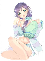 Rule 34 | 10s, 1girl, bad id, bad pixiv id, bare shoulders, blush, breasts, green eyes, highres, long hair, looking at viewer, love live!, love live! school idol festival, love live! school idol project, midriff, open mouth, pillow, purple hair, sitting, smile, solo, striped, tojo nozomi, twintails, ume (plumblossom), white background