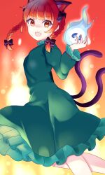 Rule 34 | 1girl, :d, animal ears, black bow, blue fire, blunt bangs, bow, braid, cat ears, dress, extra ears, fang, fire, ghost, green dress, highres, hitodama, holding, holding skull, kaenbyou rin, knees, long sleeves, multiple tails, open mouth, puffy long sleeves, puffy sleeves, red background, red eyes, red hair, skull, smile, sparks, subterranean animism, tail, touhou, twin braids, two tails, walnut (mottimoti)