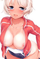 Rule 34 | 1girl, :d, areola slip, blue eyes, blush, breasts, character request, cleavage, large breasts, leaning forward, long sleeves, looking at viewer, m-da s-tarou, open clothes, open mouth, open shirt, school swimsuit, shirt, short hair, simple background, smile, solo, swimsuit, swimsuit under clothes, tan, tanline, track suit, undressing, white background, white hair