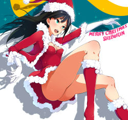 Rule 34 | 10s, 1girl, ass, black hair, blush, boots, breasts, character name, christmas, cleavage, commentary request, earrings, english text, fur-trimmed boots, fur trim, gloves, green eyes, hat, idolmaster, idolmaster cinderella girls, jewelry, knee boots, long hair, no panties, open mouth, pecolondon, red footwear, santa boots, santa costume, santa hat, shibuya rin, small breasts, solo, text focus, upskirt