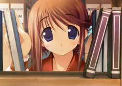 Rule 34 | 00s, 1girl, :o, amazuyu tatsuki, blue eyes, blush, book, bookshelf, brown hair, folded ponytail, highres, indoors, komaki manaka, library, looking at viewer, parted lips, short hair, solo, to heart (series), to heart 2