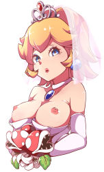 Rule 34 | 1girl, absurdres, bare shoulders, blonde hair, blue eyes, bouquet, breasts, breasts out, bridal veil, earrings, elbow gloves, flower, gloves, gokuu (acoloredpencil), highres, jewelry, lips, looking at viewer, mario (series), medium breasts, necklace, nintendo, nipples, parted lips, piranha plant, ponytail, princess peach, shiny skin, simple background, solo, strapless, super mario odyssey, tiara, upper body, veil, white background, white gloves