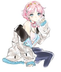 Rule 34 | 1girl, arknights, bare shoulders, blue eyes, blue pants, blue poison (arknights), blue poison (shoal beat) (arknights), braid, breasts, choker, frischenq, hairband, hand up, holding, jacket, leggings, long hair, long sleeves, looking at viewer, off shoulder, pants, pink choker, pink hair, simple background, sitting, small breasts, solo, spaghetti strap, sports bra, white background, white jacket