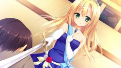 Rule 34 | 1boy, 1girl, adelheid von bergstrasse, bare shoulders, blonde hair, blue dress, dress, dutch angle, elbow gloves, floral flowlove, game cg, gem, gloves, green eyes, holding, holding sword, holding weapon, indoors, jewelry, knight, long hair, looking at viewer, matsumiya kiseri, necklace, sash, smile, strapless, strapless dress, sword, tiara, weapon, white gloves
