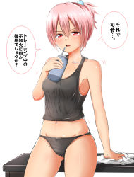 Rule 34 | 10s, 1girl, alternate costume, alternate eye color, bare shoulders, baretto (karasi07), black panties, blush, bottle, breasts, collarbone, commentary request, cowboy shot, drink, drinking straw, hair ornament, highres, holding, holding bottle, kantai collection, motion lines, navel, open mouth, panties, pink hair, ponytail, red eyes, shiranui (kancolle), short ponytail, small breasts, solo, speech bubble, sweat, tank top, towel, underwear, underwear only, white background