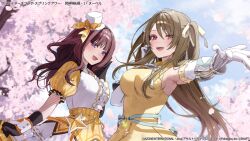 Rule 34 | 2girls, :d, arm at side, armpits, assault lily, black gloves, blue eyes, blue sky, blunt bangs, blurry, blurry background, blush, bow, breasts, brown hair, center frills, cherry blossoms, chigusa minori, commentary request, day, dress, elbow gloves, falling petals, frilled dress, frilled sleeves, frills, gauntlets, gloves, hair between eyes, hair ribbon, hand in own hair, hand up, hands up, hat, hat bow, heterochromia, kaede johan nouvel, kuo shenlin, light particles, long hair, looking at viewer, medium breasts, mini hat, mini top hat, multiple girls, neck ribbon, official alternate costume, official art, one side up, open hand, open mouth, orange bow, outdoors, outstretched arm, petals, pink eyes, puffy short sleeves, puffy sleeves, ribbon, short sleeves, sideboob, sidelocks, sky, sleeveless, sleeveless dress, smile, sparkle, standing, tilted headwear, top hat, tree, two-tone dress, upper body, very long hair, watermark, wavy hair, white dress, white gloves, white hat, white ribbon, wrist cuffs, yellow dress, yellow eyes, yellow ribbon