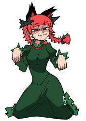 Rule 34 | 1girl, :3, animal ears, braid, cat ears, closed mouth, commentary, dress, eddybird55555, english commentary, extra ears, green dress, helltaker, highres, kaenbyou rin, long sleeves, looking at viewer, red eyes, ringed eyes, side braids, simple background, smile, solo, touhou, twin braids, vanripper (style), white background