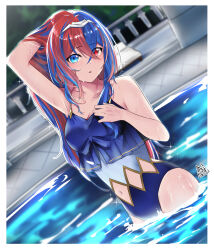 Rule 34 | 1girl, akira miku ver, alear (female) (fire emblem), alear (fire emblem), blue eyes, blue hair, breasts, cleavage, crossed bangs, fire emblem, fire emblem engage, heterochromia, highres, long hair, looking at viewer, medium breasts, multicolored hair, navel, nintendo, official alternate costume, one-piece swimsuit, open mouth, pool, red eyes, red hair, solo, split-color hair, swimming, swimsuit, two-tone hair, very long hair, water, wet