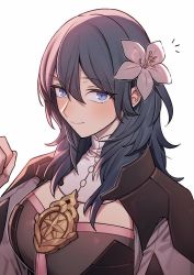 Rule 34 | 1girl, blue eyes, blue hair, blush, breasts, byleth (female) (fire emblem), byleth (fire emblem), clenched hand, closed mouth, commentary request, fire emblem, fire emblem: three houses, flower, garreg mach monastery uniform, hair between eyes, hair flower, hair ornament, highres, ikarin, large breasts, looking at viewer, medium hair, nintendo, simple background, solo, upper body, white background, white flower