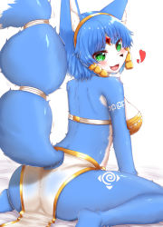 Rule 34 | 1girl, :3, animal ear fluff, animal ears, animal nose, ass, back, bandeau, bare shoulders, barefoot, bed sheet, blue fur, blue hair, blush, body fur, breasts, circlet, clothing cutout, crystal, fang, female focus, fox ears, fox girl, fox tail, from behind, furry, furry female, gem, green eyes, hair ornament, hairband, happy, heart, highres, horokusa (korai), krystal, large breasts, leg tattoo, loincloth, looking at viewer, looking back, nintendo, open mouth, red gemstone, see-through, shiny skin, short hair, sidelocks, simple background, sitting, smile, solo, star fox, tail, tail raised, tail through clothes, tattoo, tongue, two-tone fur, wariza, white background, white fur, yellow bandeau, yellow hairband