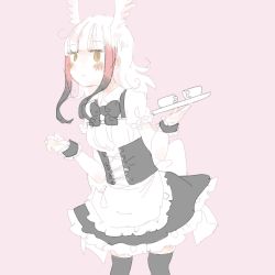 Rule 34 | 10s, 1girl, :&gt;, alternate costume, apron, back bow, bird tail, bird wings, black hair, blush, bow, bowtie, collared shirt, corset, cowboy shot, cup, enmaided, frilled skirt, frills, gradient hair, hasu (zatsugami), head wings, highres, japanese crested ibis (kemono friends), kemono friends, maid, maid apron, multicolored hair, pink background, puffy short sleeves, puffy sleeves, red hair, shirt, short hair, short sleeves, sidelocks, simple background, skirt, sleeve cuffs, standing, tail, teacup, thighhighs, thighs, tray, white hair, wings