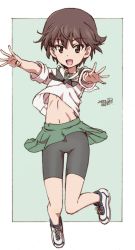 Rule 34 | :d, bike shorts, bike shorts under skirt, black neckerchief, black shorts, blouse, brown eyes, brown hair, commentary, dated, erakin, girls und panzer, green skirt, highres, isobe noriko, leg up, long sleeves, looking at viewer, navel, neckerchief, official alternate costume, ooarai school uniform, open mouth, outstretched arm, pleated skirt, sailor collar, school uniform, serafuku, shirt, shoes, short hair, shorts, skirt, smile, sneakers, white footwear, white sailor collar, white shirt