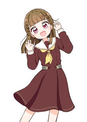 Rule 34 | 1girl, :d, blunt bangs, blunt ends, blush, braid, brown dress, brown hair, claw pose, dress, feet out of frame, hasu no sora school uniform, highres, kachimachi kosuzu, leaning to the side, link! like! love live!, long sleeves, love live!, medium dress, miyamaki, neckerchief, open mouth, pink eyes, pleated dress, sailor collar, sailor dress, school uniform, side braids, simple background, smile, solo, straight hair, white background, white sailor collar, winter uniform, yellow neckerchief