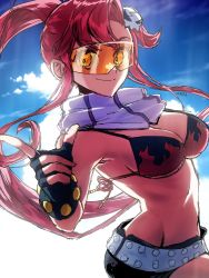 Rule 34 | 1girl, asymmetrical gloves, bikini, black bikini, black gloves, black shorts, blue sky, breasts, closed mouth, fingerless gloves, flame print, glasses, gloves, gun, hair ornament, hair stick, hairpin, highres, long hair, looking at viewer, medium breasts, paulandcookie, pink scarf, pointing, pointing at viewer, ponytail, print bikini, red hair, scarf, short shorts, shorts, sidelocks, skull, skull hair ornament, sky, smile, solo, striped clothes, striped scarf, swimsuit, tengen toppa gurren lagann, uneven gloves, weapon, yellow eyes, yoko littner