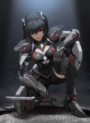 Rule 34 | 1girl, absurdres, black hair, cyborg, dagger, highres, holding, holding dagger, holding knife, holding weapon, knife, long hair, looking at viewer, mechanical arms, mechanical legs, on one knee, original, red eyes, shou mai, single mechanical arm, solo, thighs, twintails, very long hair, weapon