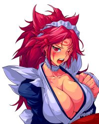 Rule 34 | 1girl, baiken, blush, breasts, choker, cleavage, collarbone, cosplay, embarrassed, facial mark, frilled choker, frills, guilty gear, hair ornament, highres, iroha (samurai spirits), iroha (samurai spirits) (cosplay), japanese clothes, juliet sleeves, large breasts, long hair, long sleeves, looking at viewer, maid, maid headdress, messy hair, one-eyed, open mouth, ponytail, puffy sleeves, red eyes, red hair, samurai spirits, scar, scar across eye, scar on face, sidelocks, solo, sweat, transparent background, upper body, white background, yoshitsuki