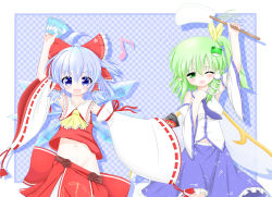 Rule 34 | circled 9, 2girls, :3, :d, ;o, absurdres, ahoge, arm above head, arm up, blue eyes, blue hair, bow, card, checkered background, cirno, cosplay, daiyousei, detached sleeves, fairy wings, fang, flying sweatdrops, frilled skirt, frills, frog hair ornament, gohei, green eyes, green hair, hair bow, hair ornament, hair tubes, hakurei reimu, hakurei reimu (cosplay), hand on own chest, highres, holding, holding card, kochiya sanae, kochiya sanae (cosplay), mofu mofu, multiple girls, musical note, necktie, no panties, nontraditional miko, one eye closed, oonusa, open mouth, oversized clothes, playing card, pointy ears, quaver, short hair, side ponytail, skirt, sleeves past wrists, smile, snake hair ornament, sweat, touhou, uno (game), wings, wink
