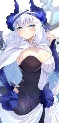 Rule 34 | 1girl, blue eyes, breasts, cape, cleavage, detached sleeves, dress, fate/grand order, fate (series), grey hair, hand on own hip, highres, large breasts, long hair, morgan le fay (apex) (fate), morgan le fay (fate), split-color clothes, umi endu, white cape