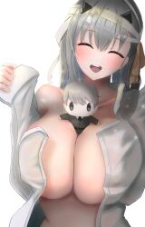Rule 34 | 1girl, 403 oekaki suke, :d, absurdres, bandaged head, bandages, between breasts, blush, breasts, character doll, cleavage, closed eyes, commander (nikke), goddess of victory: nikke, grey hair, hair ribbon, highres, large breasts, long hair, modernia (first affection) (nikke), modernia (nikke), off-shoulder shirt, off shoulder, official alternate costume, open clothes, open mouth, open shirt, ribbon, shirt, sidelocks, simple background, smile, solo, white background, white shirt, yellow ribbon