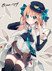 Rule 34 | 1girl, arm behind head, artist name, bad id, bad pixiv id, belt, belt pouch, beret, black thighhighs, blonde hair, blue bow, blue eyes, blush, bow, collared shirt, corset, envelope, gloves, grey background, hair bow, half gloves, hat, hat bow, highres, holding, holding letter, ie, ikeuchi tanuma, letter, looking at viewer, male focus, necktie, original, plaid, plaid bow, pouch, scroll, shirt, short hair, shorts, simple background, sleeveless, solo, thighhighs, twitter username, two side up