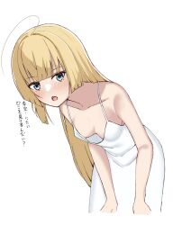 Rule 34 | 1girl, :o, ahoge, alternate costume, alternate hairstyle, bare arms, bare shoulders, blonde hair, blue eyes, blunt bangs, blunt ends, blush, breasts, breasts apart, collarbone, commentary, cowboy shot, downblouse, dress, hair down, hands on own knees, highres, huge ahoge, leaning forward, long hair, looking at viewer, no bra, open mouth, shirayuki noa, simple background, sleeveless, sleeveless dress, small breasts, solo, straight hair, sundress, teeth, tenshi souzou re-boot!, tft (tft7822), translated, tsurime, upper teeth only, very long hair, white background, white dress