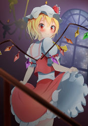 Rule 34 | 1girl, absurdres, ascot, blonde hair, blurry, blurry foreground, blush, chandelier, crystal, depth of field, flandre scarlet, from behind, from below, hat, hat ribbon, highres, indoors, looking at viewer, looking back, mob cap, night, puffy short sleeves, puffy sleeves, red eyes, red ribbon, red skirt, ribbon, shirt, shiso gohan, short sleeves, skirt, skirt set, sky, smile, solo, star (sky), starry sky, touhou, vest, window, wings