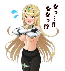 Rule 34 | 1girl, :s, bad id, bad pixiv id, bare shoulders, black pantyhose, blonde hair, blush, breasts, commentary request, earrings, elbow gloves, gem, gloves, hair ornament, headpiece, jewelry, large breasts, long hair, mythra (massive melee) (xenoblade), mythra (xenoblade), navel, nemunemu semi, nervous, nintendo, nipple slip, nipples, open mouth, pantyhose, shy, simple background, solo, super smash bros., sweatdrop, swept bangs, thigh strap, tiara, translation request, undressing, very long hair, white background, xenoblade chronicles (series), xenoblade chronicles 2, yellow eyes