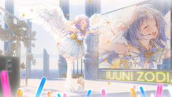 Rule 34 | 1girl, absurdres, blue dress, blunt bangs, blush, breasts, cleavage, closed eyes, column, commentary, cross-laced clothes, cross-laced dress, day, dress, facing to the side, feathered wings, glowstick, hand on own head, high heels, highres, idol, leaning forward, long hair, medium breasts, microphone, mouse (animal), open hand, open mouth, original, outdoors, outstretched arm, patch oxxo, pillar, purple hair, reaching, ruins, screen, shadow, short sleeves, solo, speaker, stage, standing, striped clothes, striped dress, symbol-only commentary, teeth, thighhighs, upper teeth only, vertical-striped clothes, vertical-striped dress, white thighhighs, white wings, wings, zettai ryouiki, zoom layer